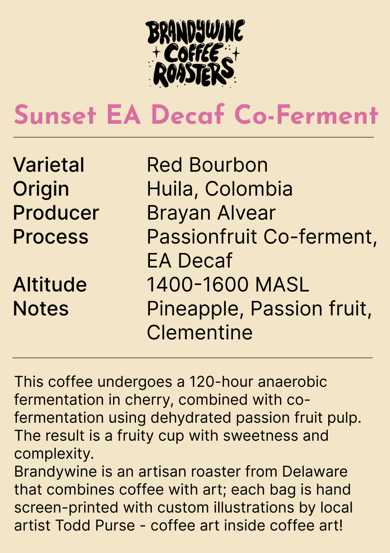 Brandywine Coffee Roasters - Sunset EA Decaf Co-Ferment - Brayan Alvear (226g)